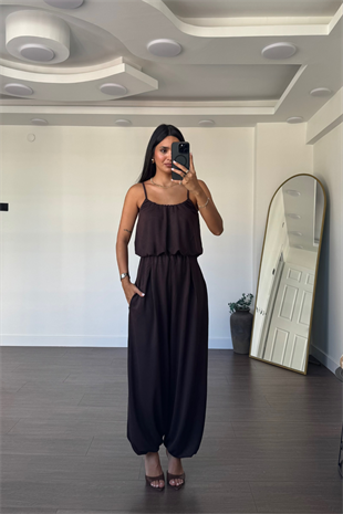 İp Askılı Bluz Şalvar Pantolon Takım-Kahve