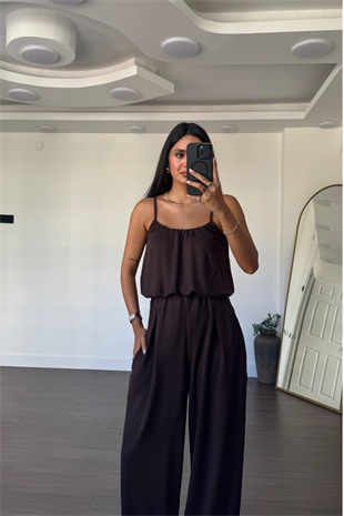 İp Askılı Bluz Şalvar Pantolon Takım-Kahve