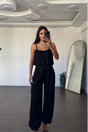 İp Askılı Bluz Şalvar Pantolon Takım-Siyah