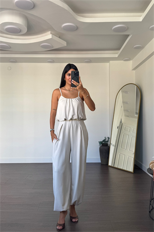 İp Askılı Bluz Şalvar Pantolon Takım-Taş