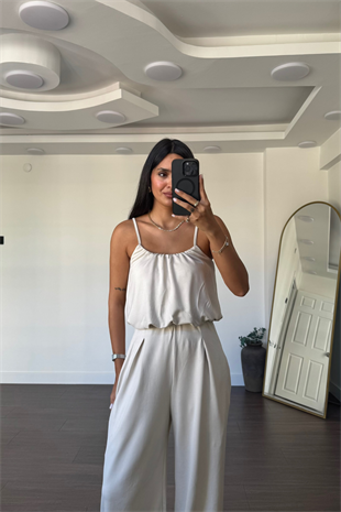 İp Askılı Bluz Şalvar Pantolon Takım-Taş