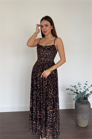İp Askılı Leopar Desen Elbise