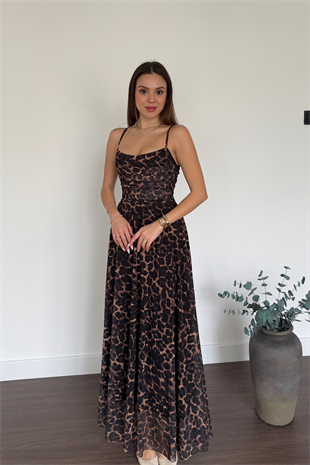 İp Askılı Leopar Desen Elbise