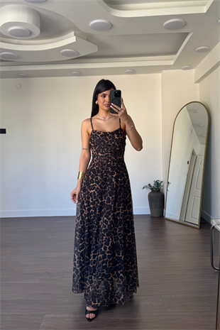 İp Askılı Leopar Elbise