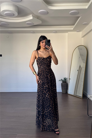 İp Askılı Leopar Elbise