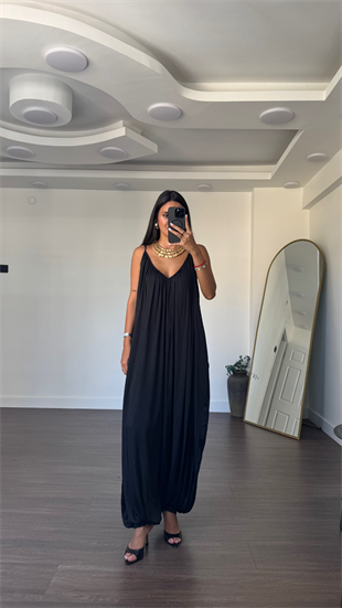 İp Askılı Saten Tulum-Siyah