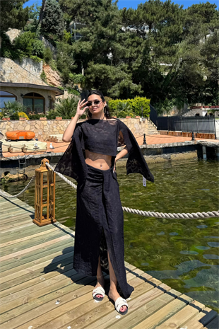 İşlemeli Pelerin Bluz Etek Beachwear Takım-Siyah