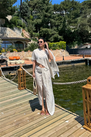İşlemeli Pelerin Bluz Etek Beachwear Takım-Bej