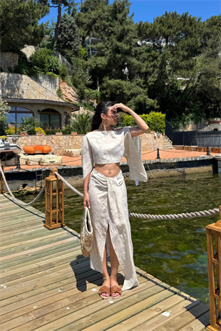 İşlemeli Pelerin Bluz Etek Beachwear Takım-Bej