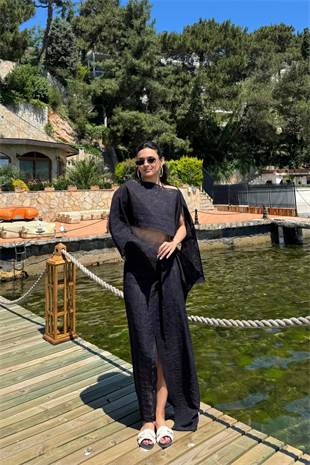 İşlemeli Pelerin Bluz Etek Beachwear Takım-Siyah