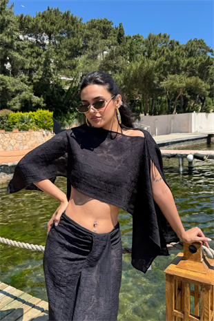 İşlemeli Pelerin Bluz Etek Beachwear Takım-Siyah