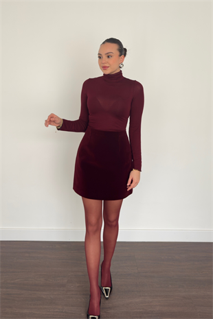 Kadife Mini Etek-Bordo