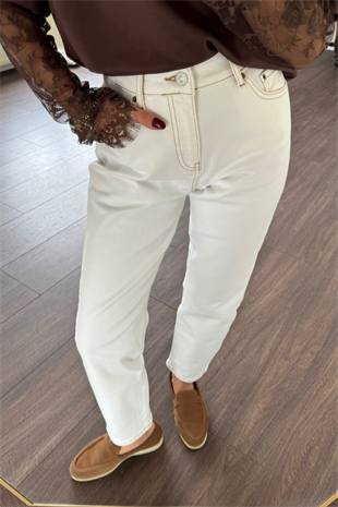 Kahve Dikişli Boyfit Jean Pantolon-Ekru