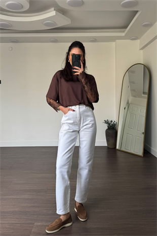 Kahve Dikişli Boyfit Jean Pantolon-Ekru