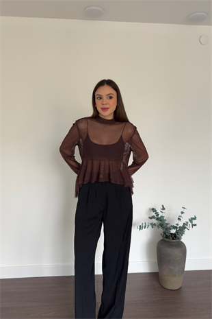 Kahve Fırfır Detaylı Tül Bluz
