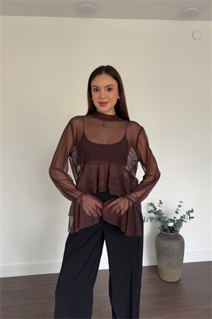 Kahve Fırfır Detaylı Tül Bluz