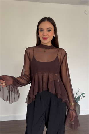 Kahve Fırfır Detaylı Tül Bluz