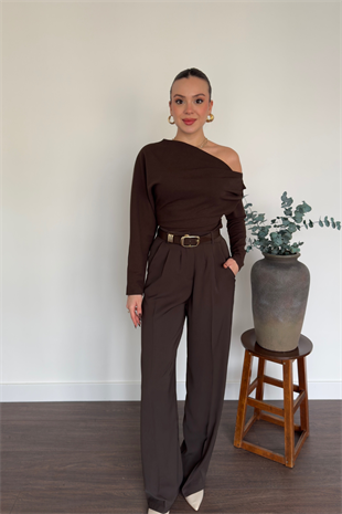 Kahve Pileli Palazzo Pantolon