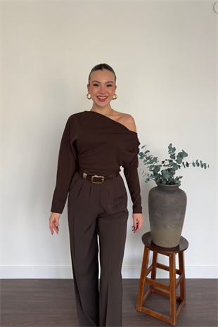 Kahve Pileli Palazzo Pantolon