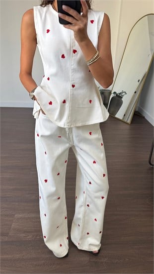 Kalp İşlemeli Bluz Pantolon Denim Takım-Ekru