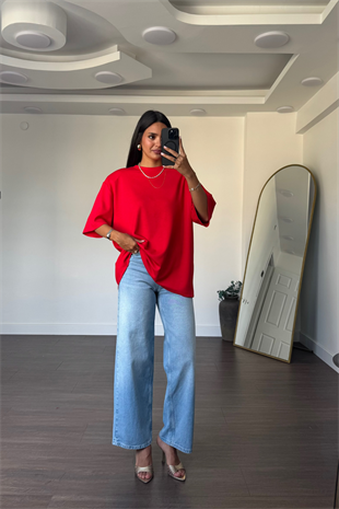 Kalp Sırt Dekolteli Oversize Bluz-Kırmızı