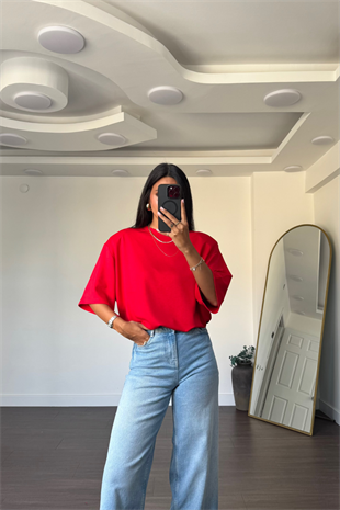 Kalp Sırt Dekolteli Oversize Bluz-Kırmızı