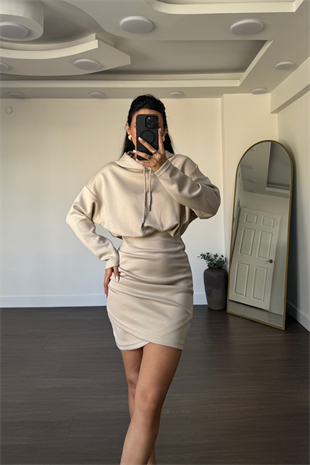 Kapüşonlu Modal Kumaş Elbise-Bej