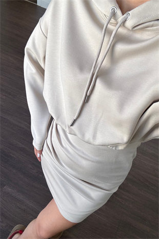 Kapüşonlu Modal Kumaş Elbise-Bej