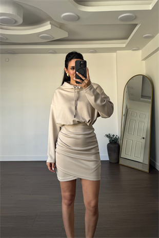 Kapüşonlu Modal Kumaş Elbise-Bej