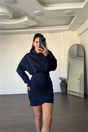 Kapüşonlu Modal Kumaş Elbise-Lacivert