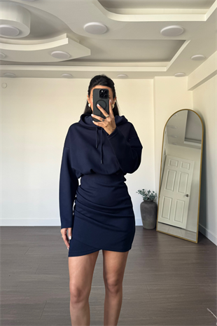 Kapüşonlu Modal Kumaş Elbise-Lacivert