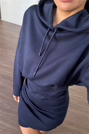 Kapüşonlu Modal Kumaş Elbise-Lacivert