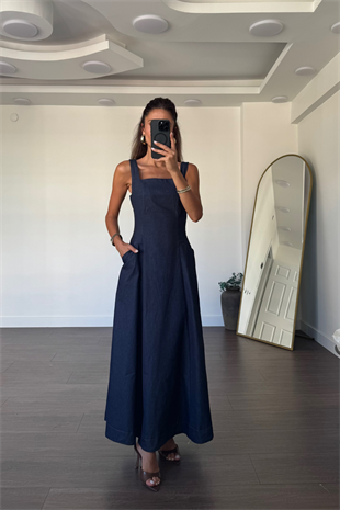 Kare Yaka Denim Tensel Elbise