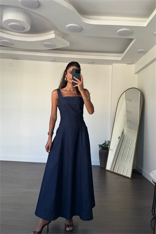 Kare Yaka Denim Tensel Elbise