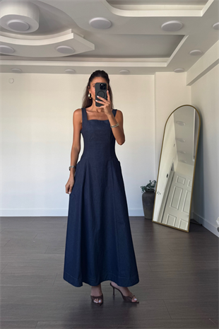 Kare Yaka Denim Tensel Elbise