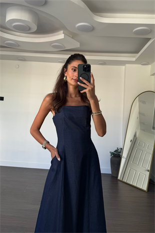 Kare Yaka Denim Tensel Elbise