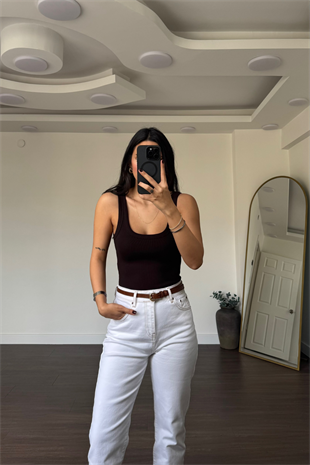 Kare Yaka Fitilli Bodysuit-Acı Kahve