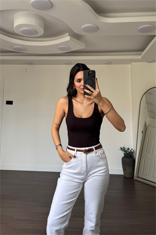 Kare Yaka Fitilli Bodysuit-Acı Kahve