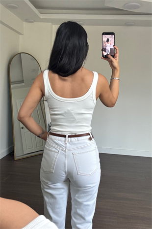 Kare Yaka Fitilli Bodysuit-Beyaz
