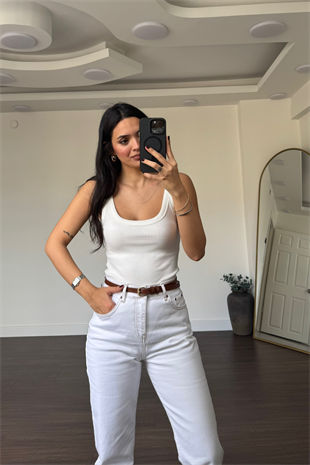 Kare Yaka Fitilli Bodysuit-Beyaz