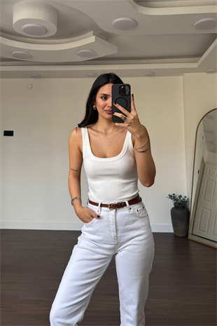 Kare Yaka Fitilli Bodysuit-Beyaz