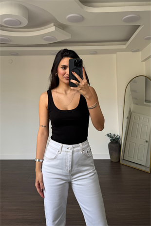 Kare Yaka Fitilli Bodysuit-Siyah