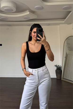 Kare Yaka Fitilli Bodysuit-Siyah