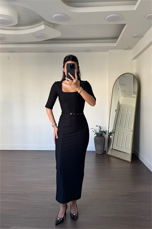 Kare Yaka Kemerli Midi Kalem Elbise-Siyah