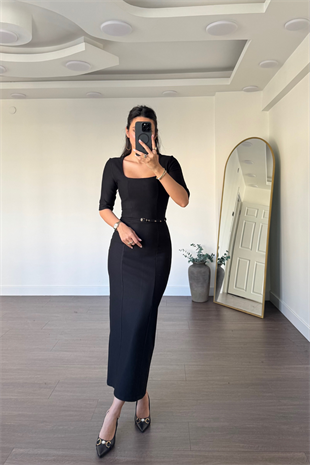 Kare Yaka Kemerli Midi Kalem Elbise-Siyah