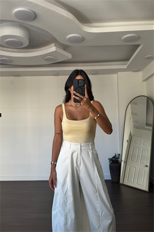 Kare Yaka Kolsuz Bodysuit-Sarı