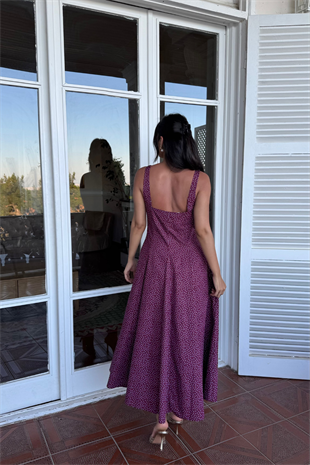 Kare Yaka Puantiyeli Elbise-Bordo