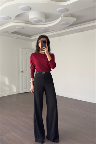 Kayık Yaka Düşük Omuz Bluz-Bordo