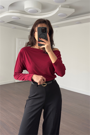 Kayık Yaka Düşük Omuz Bluz-Bordo