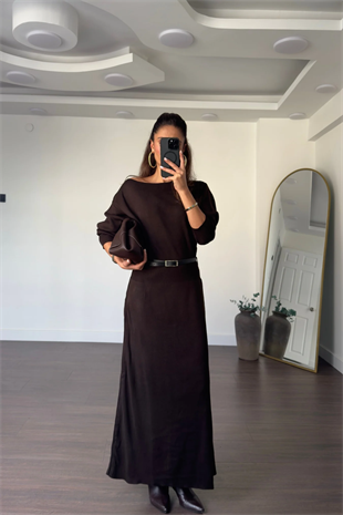Kayık Yaka Triko Kemerli Elbise-Kahve